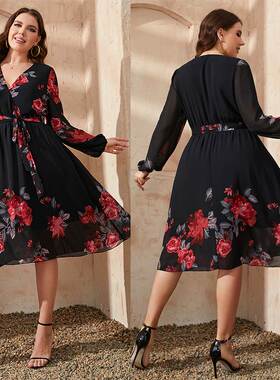 200斤女人大码连衣裙 2022 plus size long sleeves women dress