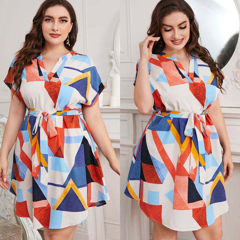 2022夏季欧美风胖mm大码女士显瘦高腰连衣裙 plus size dresses