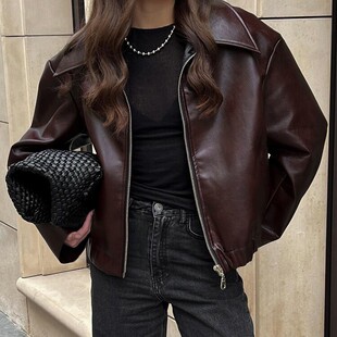 Women leather jacket欧美新款翻领长袖机车风皮衣时尚夹克外套女
