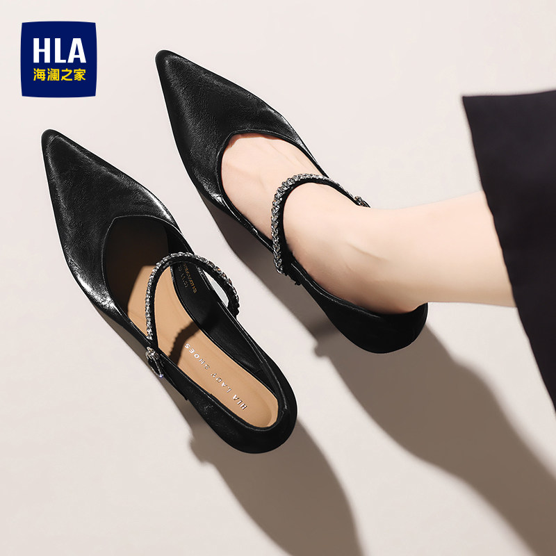HLA/海澜之家2026新款女鞋黑色尖头玛丽珍鞋一字扣带高跟鞋女单鞋