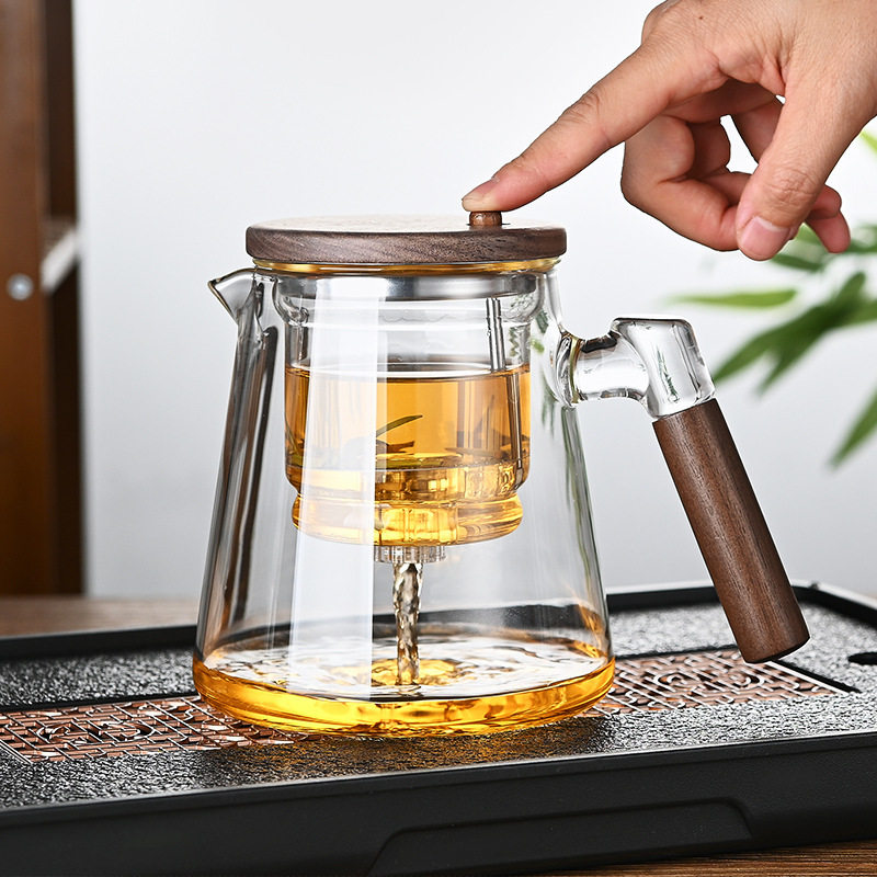 高硼硅木把玻璃飘逸壶家用茶水分离过滤茶壶一键式按压泡茶壶