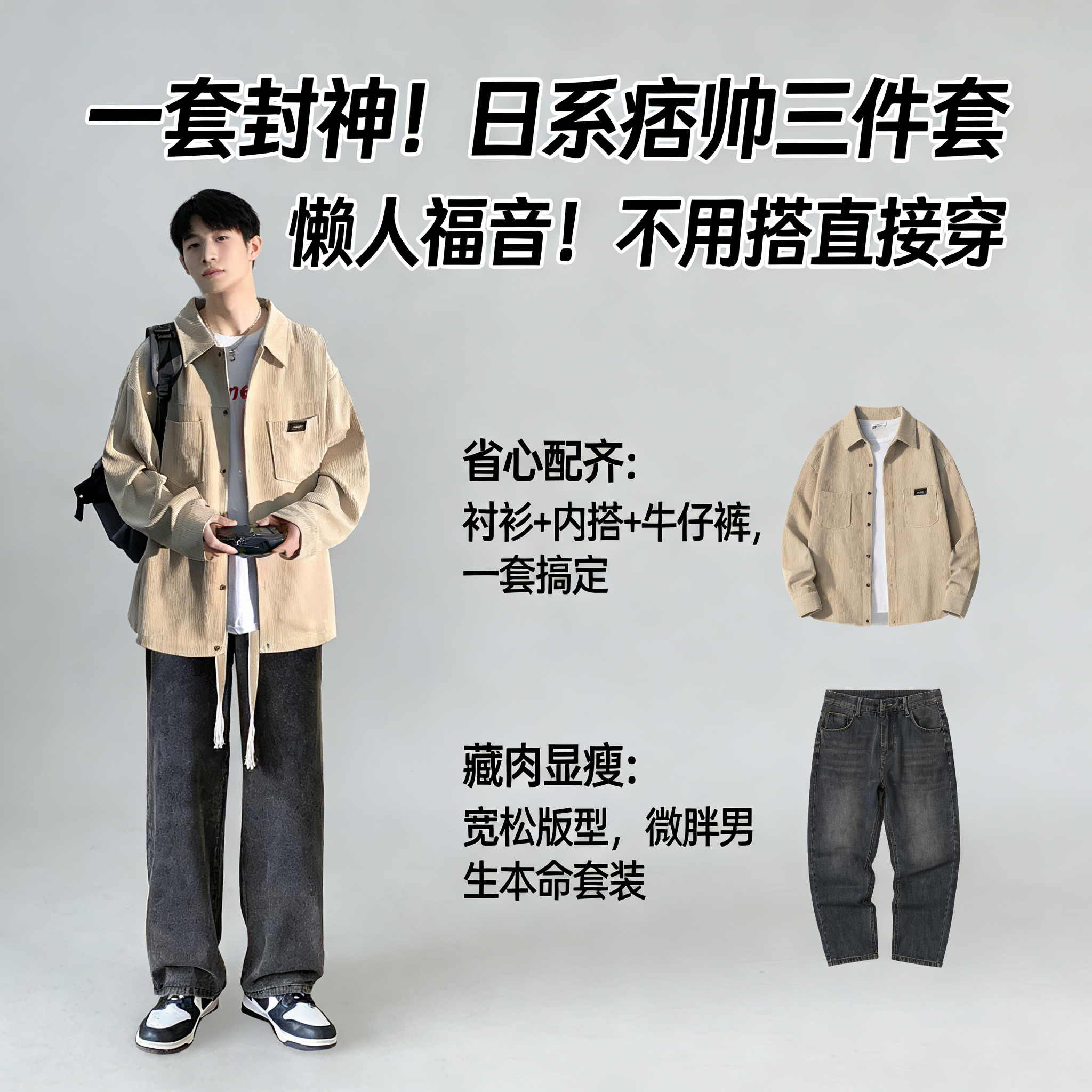 春秋季长袖衬衫男款套装青少年痞帅风衬衣外套宽松休闲男装三件套,男装,休闲运动套装,淘宝优惠券,粉丝福利购,淘宝优惠卷