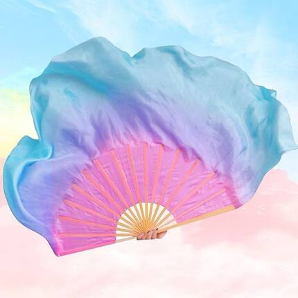 真丝加长舞蹈扇梦幻粉紫蓝渐变彩色跳舞扇古典舞台演出胶州秧歌扇