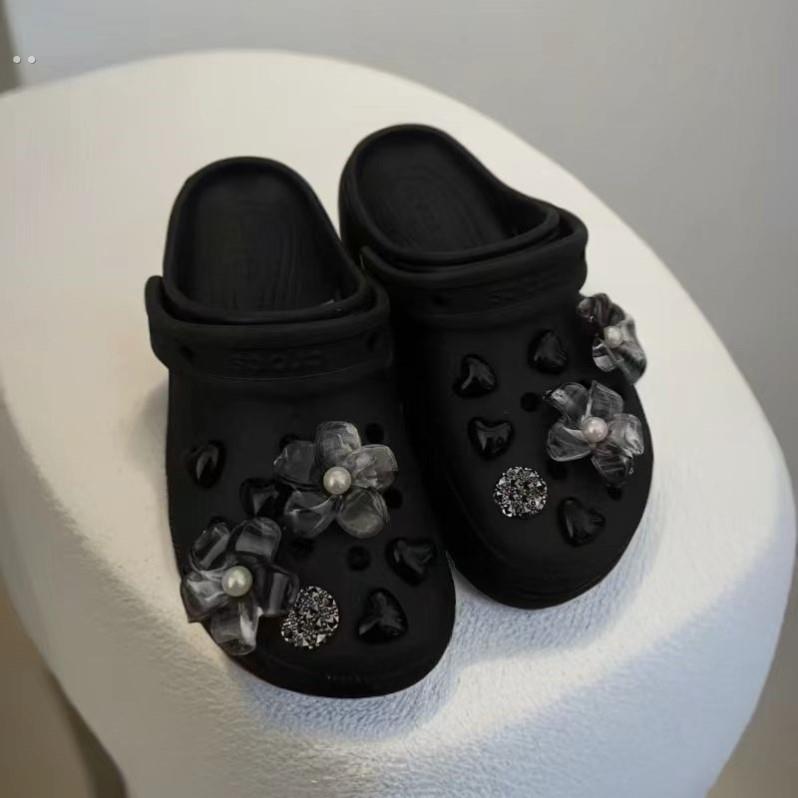 黑色可拆卸鞋花高级感泼墨洞洞鞋配饰甜酷蝴蝶珍珠装饰配件可拆卸