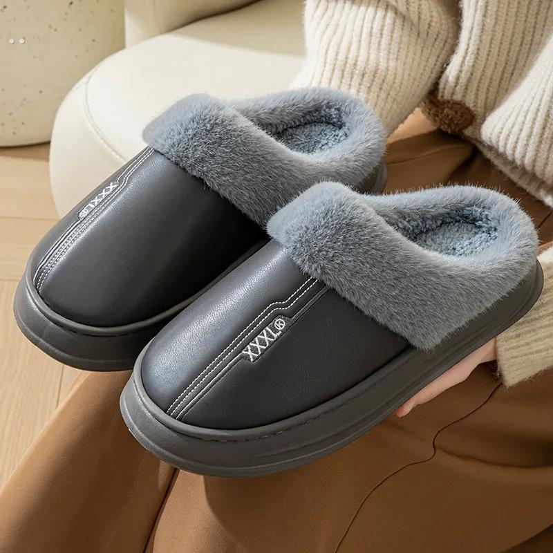 新款PU皮秋冬季男士特大码保暖棉拖鞋48加大号居家鞋防滑厚底49码