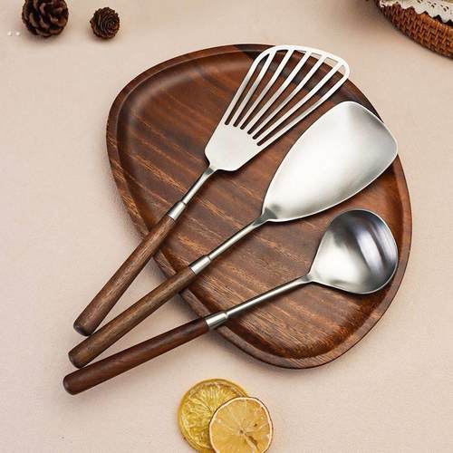 304不锈钢小锅铲家用炒菜勺子汤勺煎铲胡桃木长柄防烫一体厨房