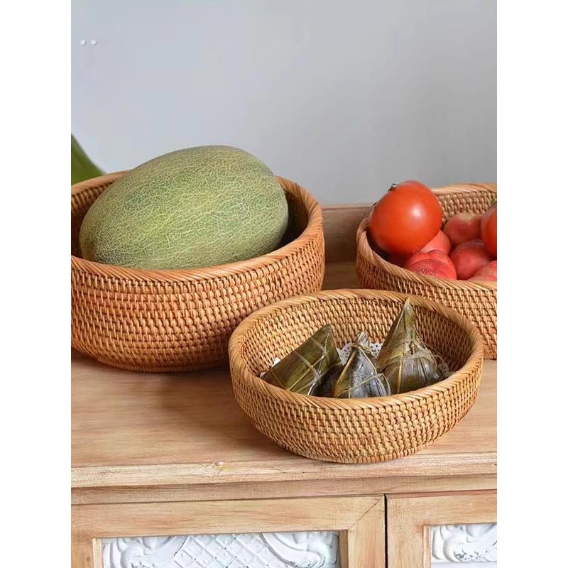 越南秋藤编织收纳筐手工大号家用圆形零食馒头点心馍馍水果盘篮子