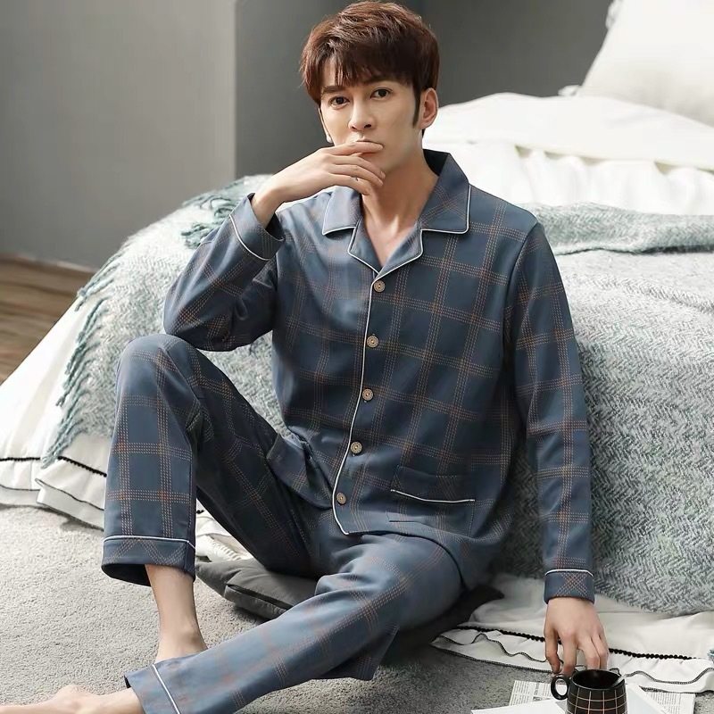 纯棉睡衣男士秋冬长袖开衫全棉春秋季加大码男款家居服套装