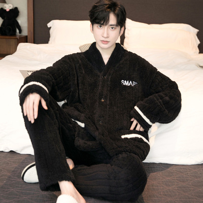 2024年新款春秋珊瑚绒睡衣男秋冬季加厚加绒法兰绒家居服保暖套装