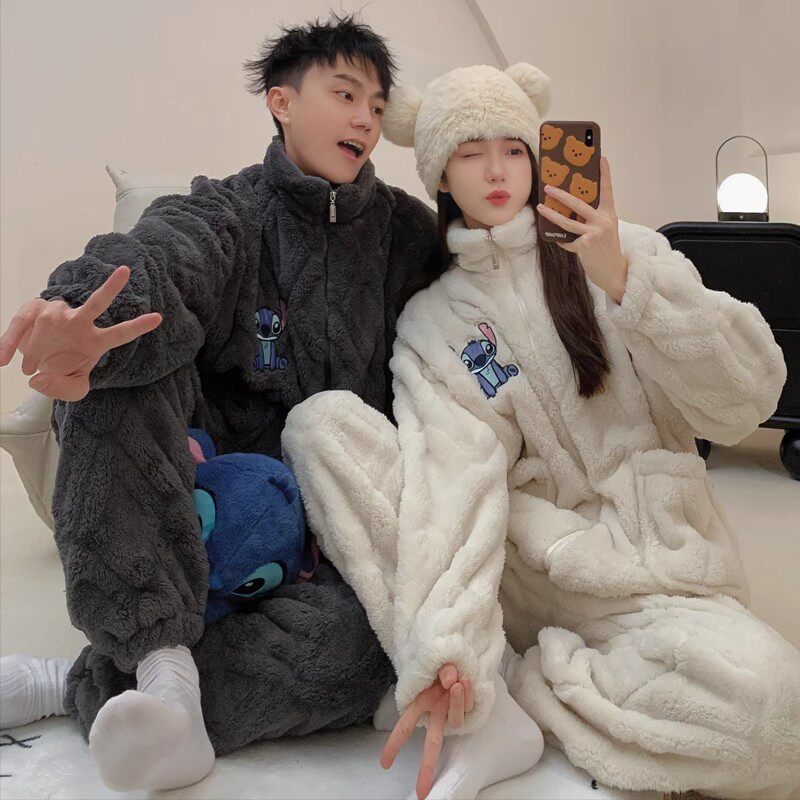 史迪仔珊瑚绒情侣睡衣睡裤套装秋冬季男女款加绒加厚网红风家居x
