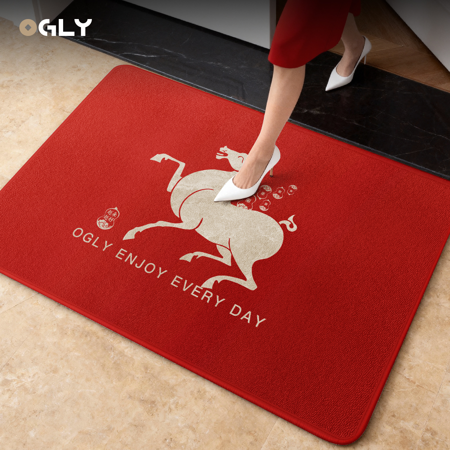OGLY新年红招财防滑耐脏入户地垫