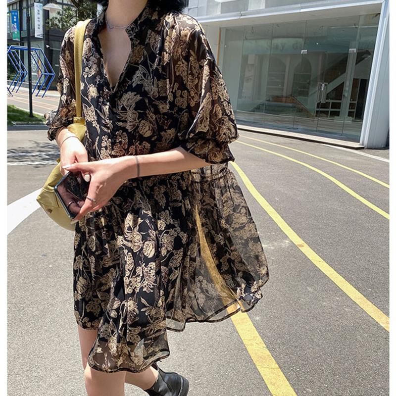 专柜2025夏新款甜美碎花连衣裙小个子初恋裙宽松大码中长款雪纺裙