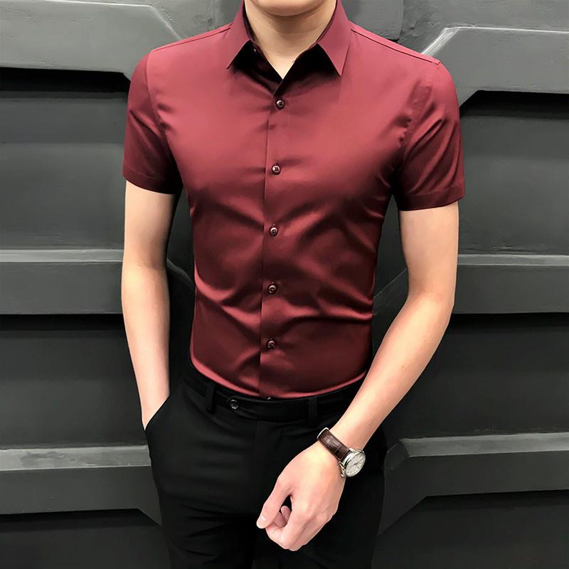 冰丝短袖衬衫男2025新款夏季薄款韩版修身免烫商务酒红色半袖衬衣