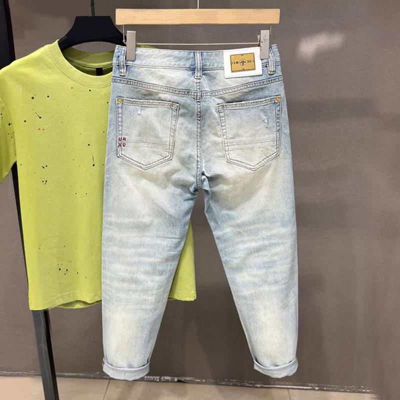 香港潮牌破洞个性九分牛仔裤男夏季薄款修身小脚重磅痞帅休闲裤