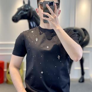 個性 夏新品 燙鉆休閑圓領冰絲T恤 上衣修身 短袖 歐洲站潮流時尚 男士