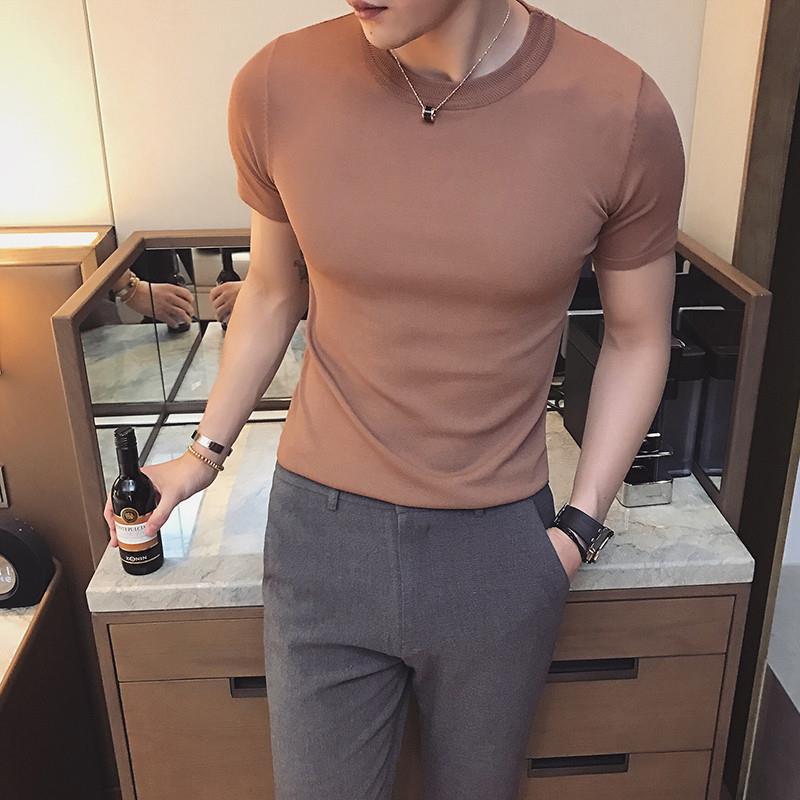 夏季纯色圆领短袖t恤男冰丝百搭打底衫男韩版潮流修身针织衫薄款