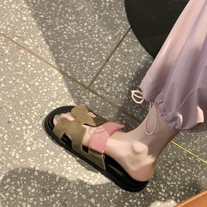 羊皮~网红超火in潮二舅拖鞋女夏季外穿休闲时尚一字带魔术贴h凉拖