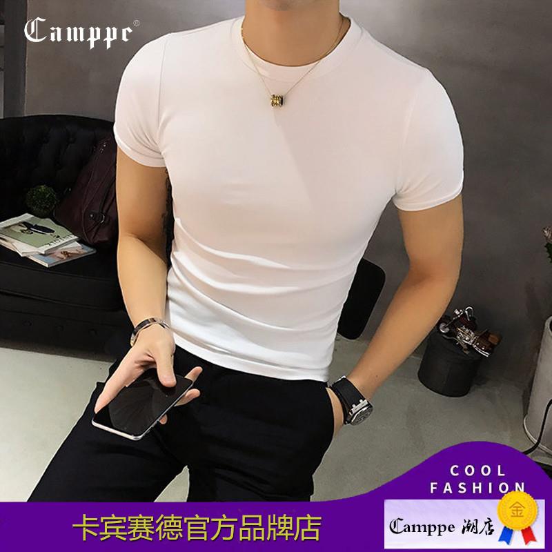 品牌男装夏季纯棉修身短袖T恤韩版潮流紧身打底衫简约款纯色上衣