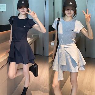 小個子綁帶修身 a字短裙子兩件套 t恤連衣裙女夏季 香港歐貨刺繡短袖