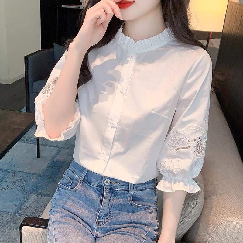 白色重工刺绣国风衬衫女夏季2025新款七分短袖衬衣爆款上衣小个子