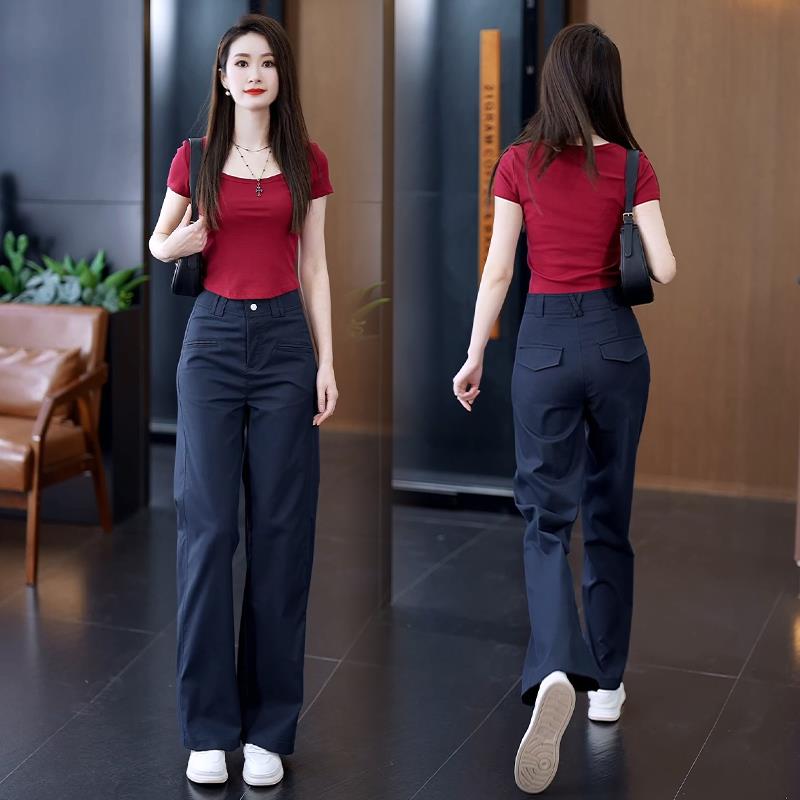 韩国天丝窄版阔腿裤女2025夏新款高腰显瘦休闲西装裤百搭直筒裤子