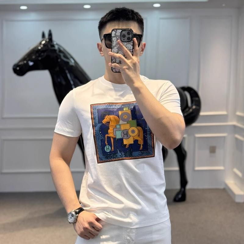 欧洲站潮牌短袖男圆领半袖修身简约战马烫钻丝光棉T恤上衣打底衫