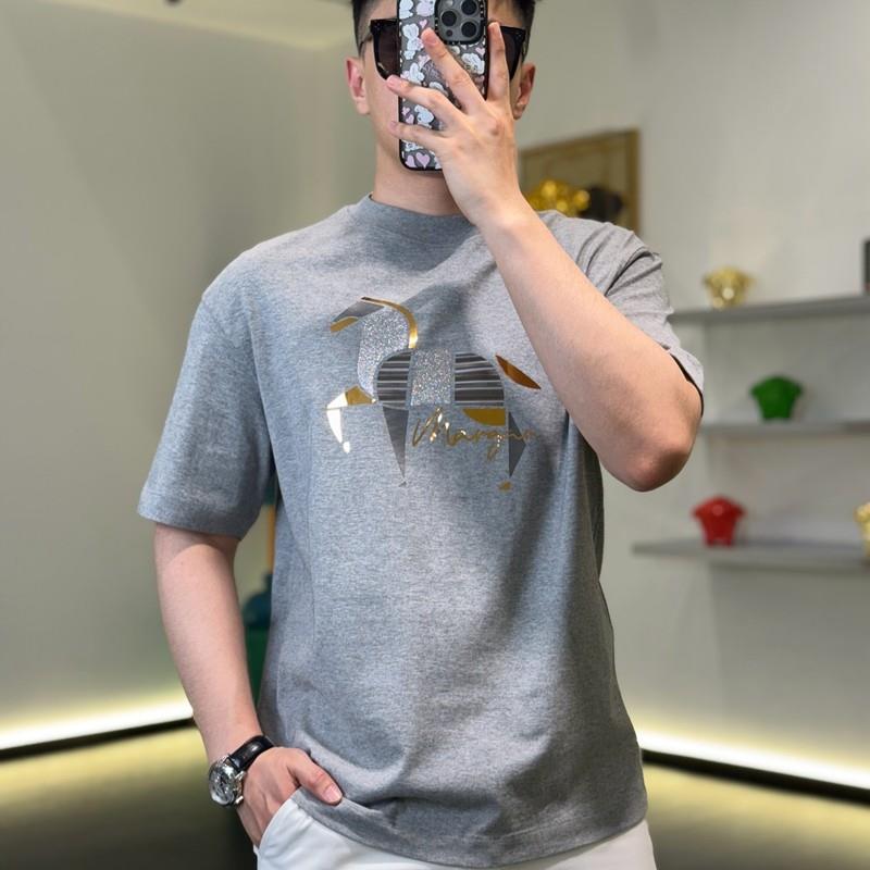 欧洲站潮牌烟灰色T恤男圆领修身简约马烫钻丝光棉短袖上衣打底衫