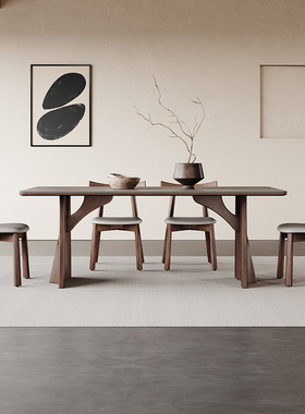 侘寂风实木餐桌家用小户型简约大气哑光灰色岩板餐桌椅2024新款