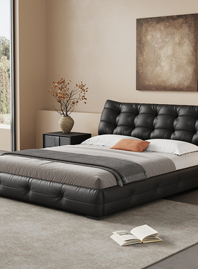 黑色真皮床极简现代复古家用小户型榉木软包齐边双人大气主卧婚床