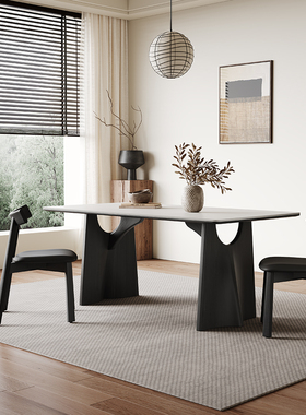 八月飞鸦覆古黑色实木餐桌简单的设计师矩形哑光白色石板餐桌