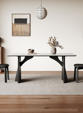 奥古斯特飞鸦复古黑色实木餐桌简约设计师款长方形哑光白岩板餐桌