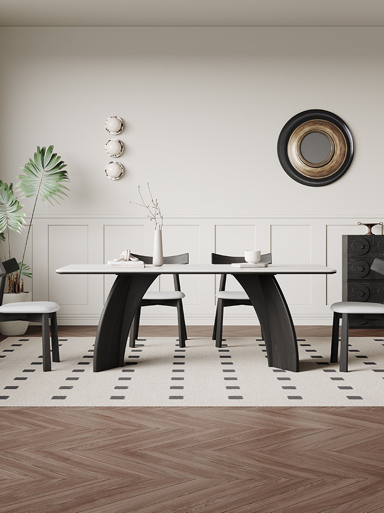 白色岩板餐桌法式覆古现代简约家用大小户型长方形白蜡木实木餐桌