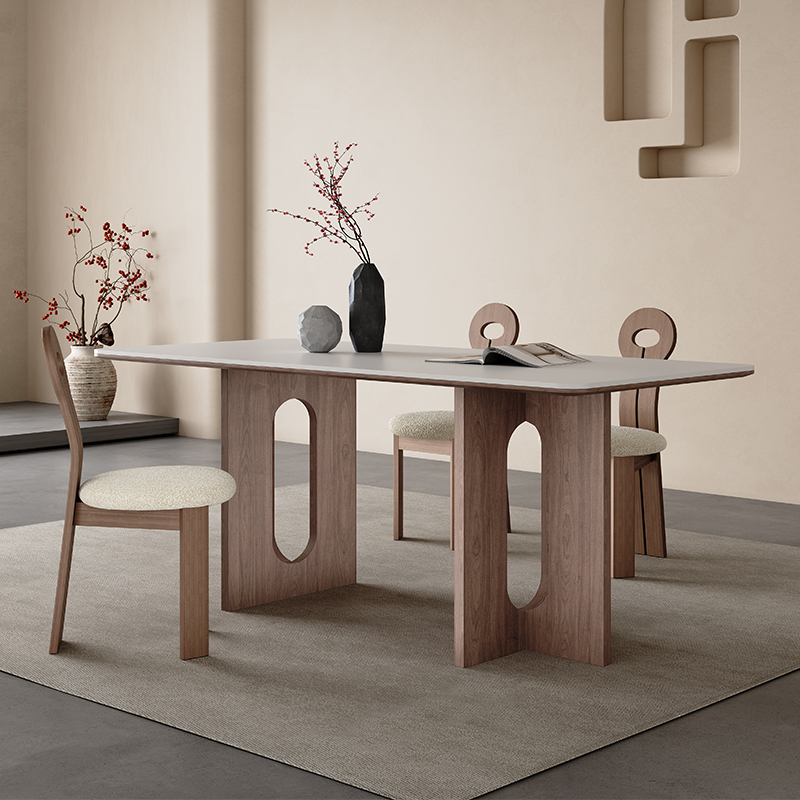 实木餐桌长方形胡桃色哑光岩板