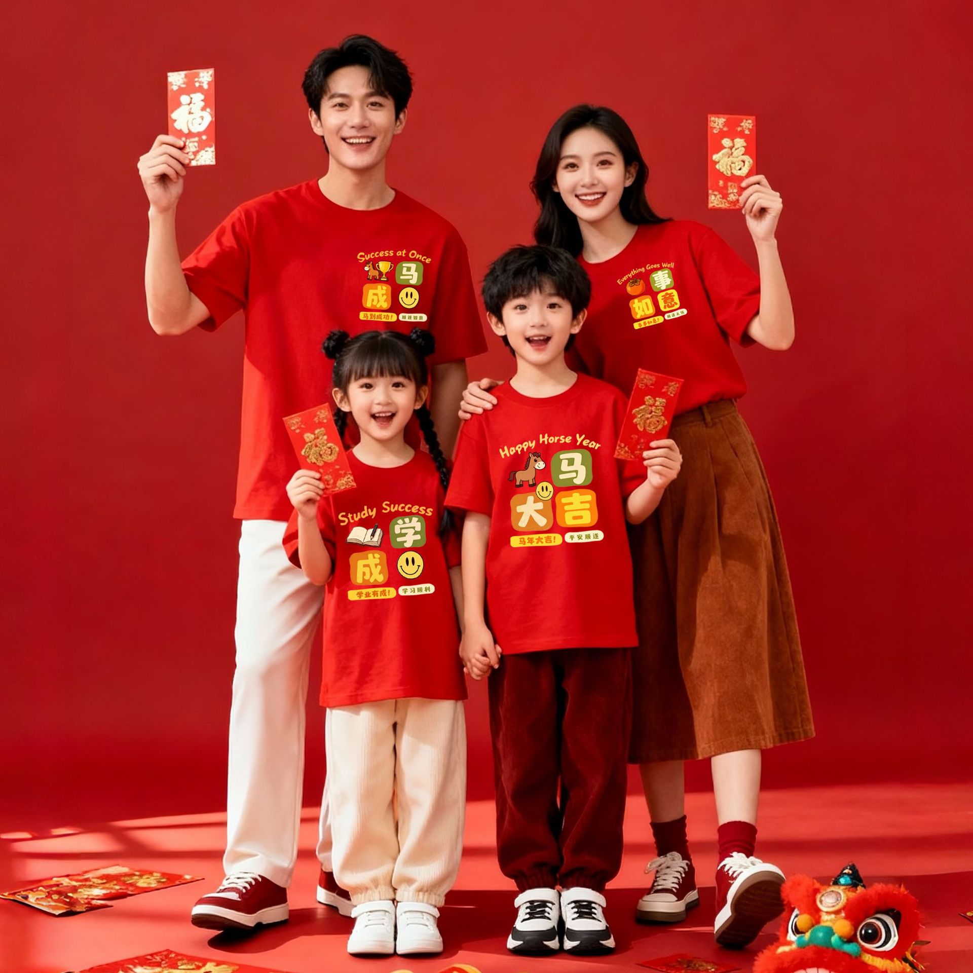 新年短袖中国红全家福聚会拍照t恤亲子装男孩女孩拜年服学校活动