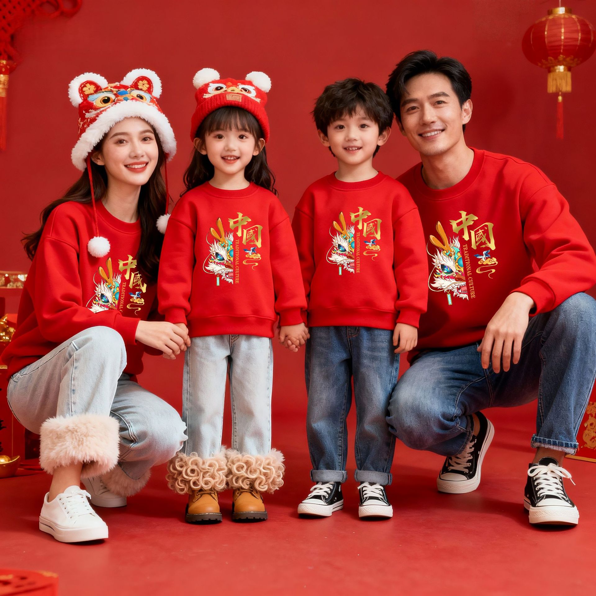 新中式新年服亲子装全家装中国元素卫衣大红色喜庆活动表演服装潮