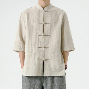 棉麻男士 复古立领上衣 七分袖 中式 唐装 亚麻衬衫 衬衣夏季 中国风男装
