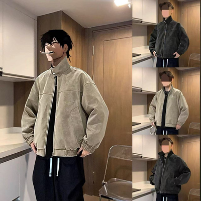 HN潮牌-春季新款复古扎染PU皮立领皮衣夹克痞帅宽松百搭情侣外套