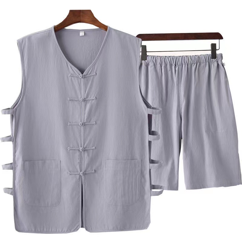 夏季老北京马褂套装男士复古中式马甲背心男民国风汗衫纯棉老头衫