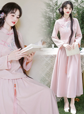 新中式假两件绣花旗袍上衣中国风纯手工盘扣唐装茶艺服女长裙禅服