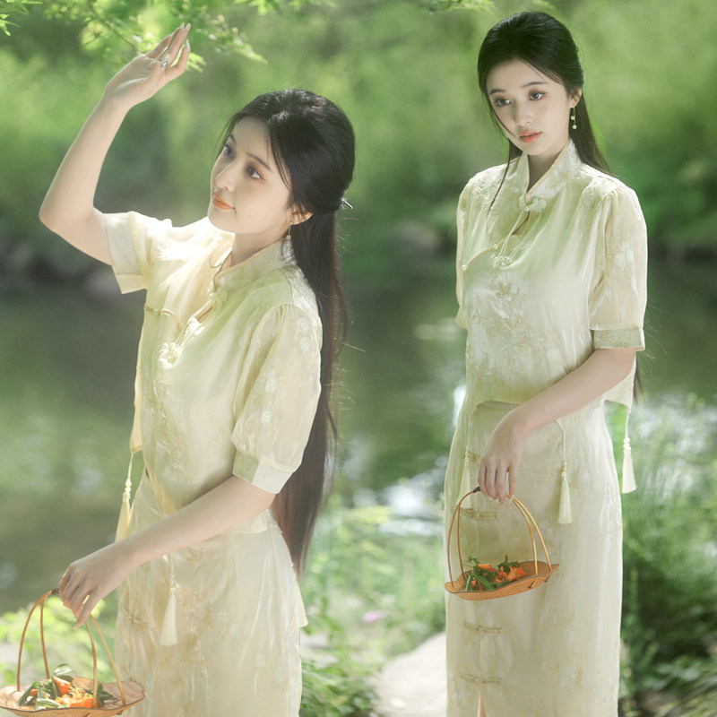 新中式国风盘扣改良旗袍上衣高腰包臀半身裙复古名媛风两件套装