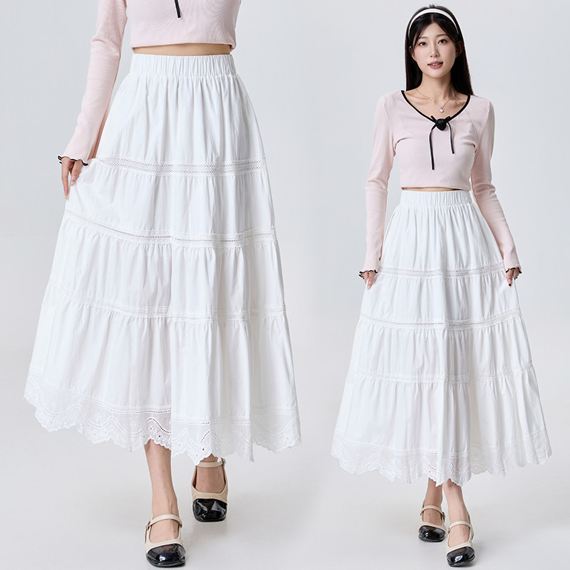 实拍重工蕾丝拼接白色蛋糕半身裙女秋季高腰显瘦纯棉百搭A字长裙