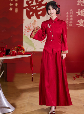 实拍新中式高端提花重工钉珠盘扣上衣淑女半身裙新娘喜庆套装