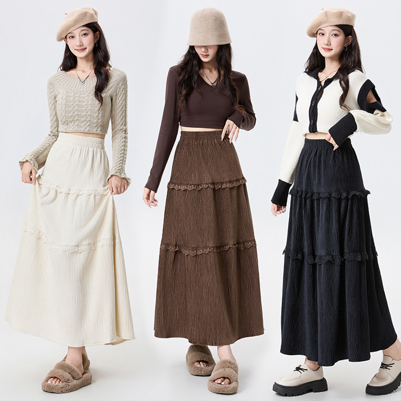 蕾丝拼接丝绒蛋糕半身裙女秋冬高腰显瘦褶皱中长款A字松紧腰长裙