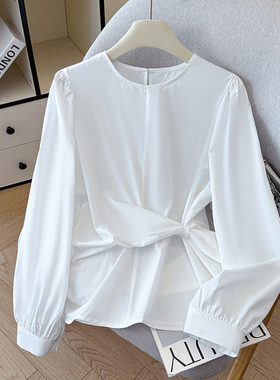 2026春新款韩版洋气时尚设计小众圆领不规则收腰蝴蝶结长袖衬衫女