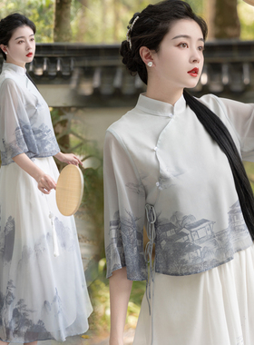 实拍新中式中国风唐装水墨印花改良汉元素宽松淑女上衣女装套装