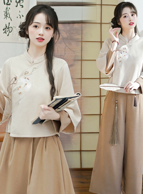 26年春夏季新中式国风卡其旗袍鹿皮绒复古上衣半身裙阔腿裤两件套