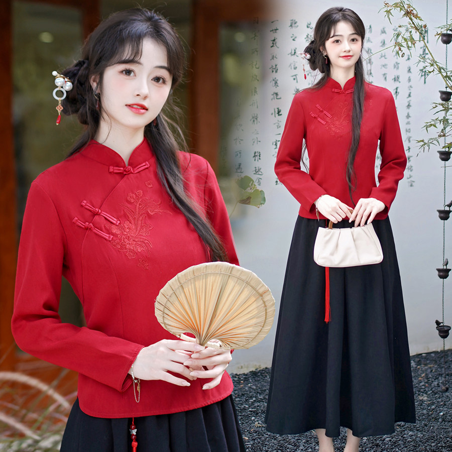 新中式国风改良旗袍刺绣淑女上衣复古修身手工盘扣加绒加厚茶艺服