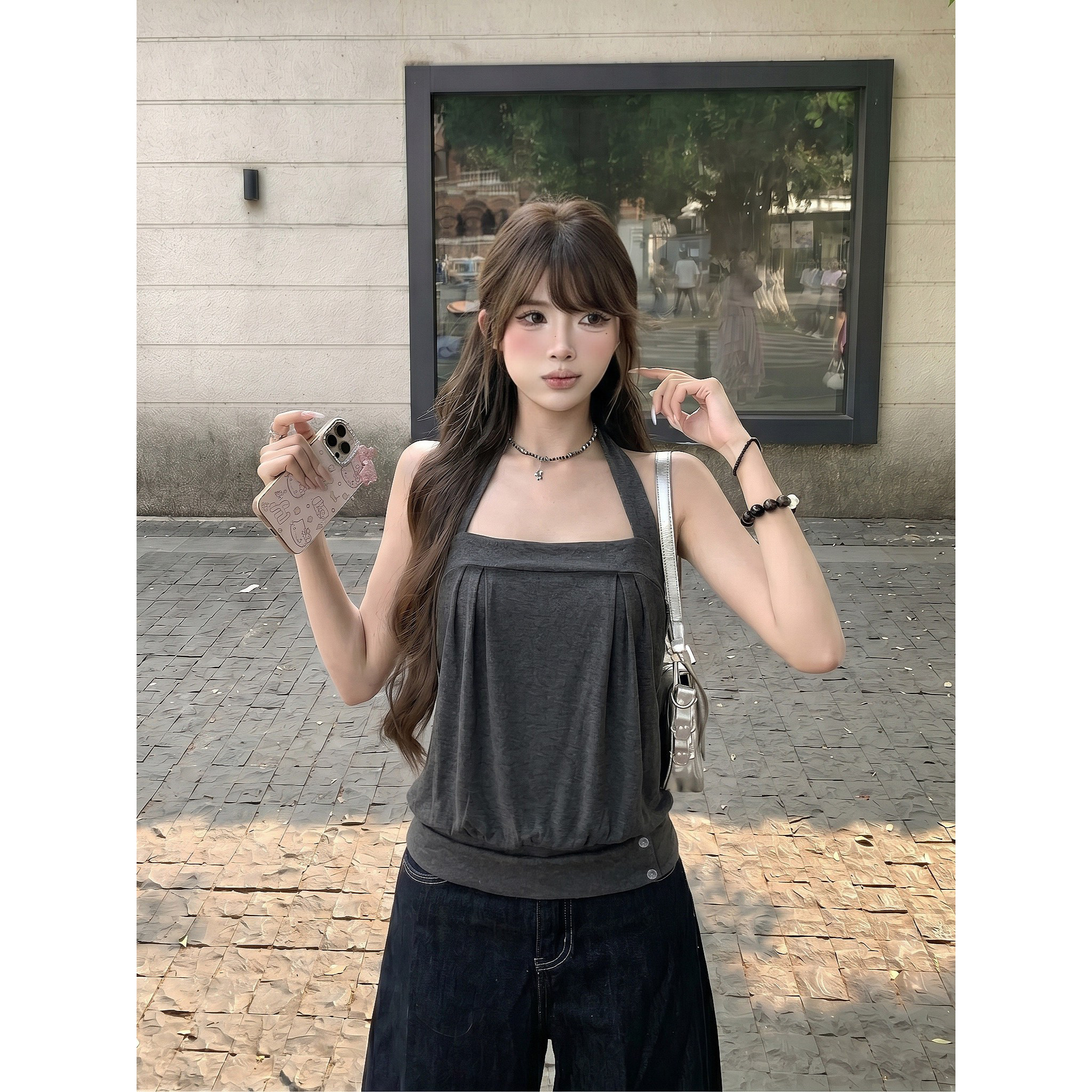 纯欲风深灰色挂脖背心女装夏季设计感花苞无袖抹胸吊带小上衣