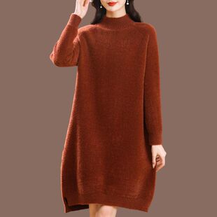 胖mm加厚加绒中长款纯色水貂绒红色毛衣女冬季洋气保暖打底针织衫
