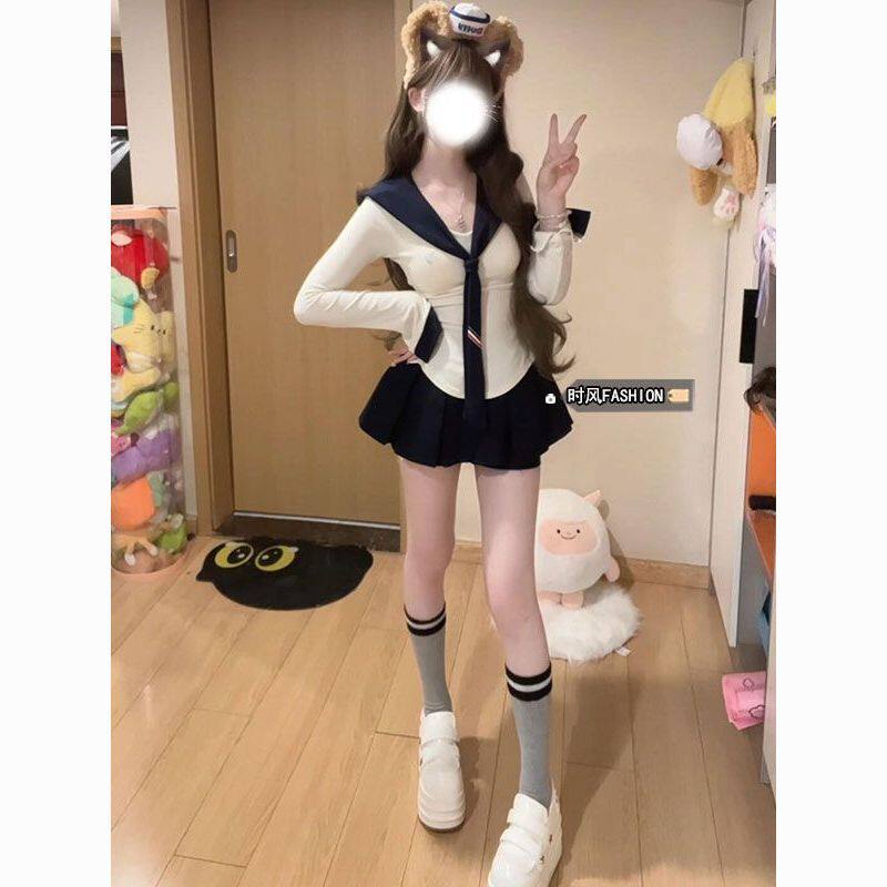 学院风海军领上衣套装女秋季纯欲修身长袖打底衫掐腰显瘦半身短裙